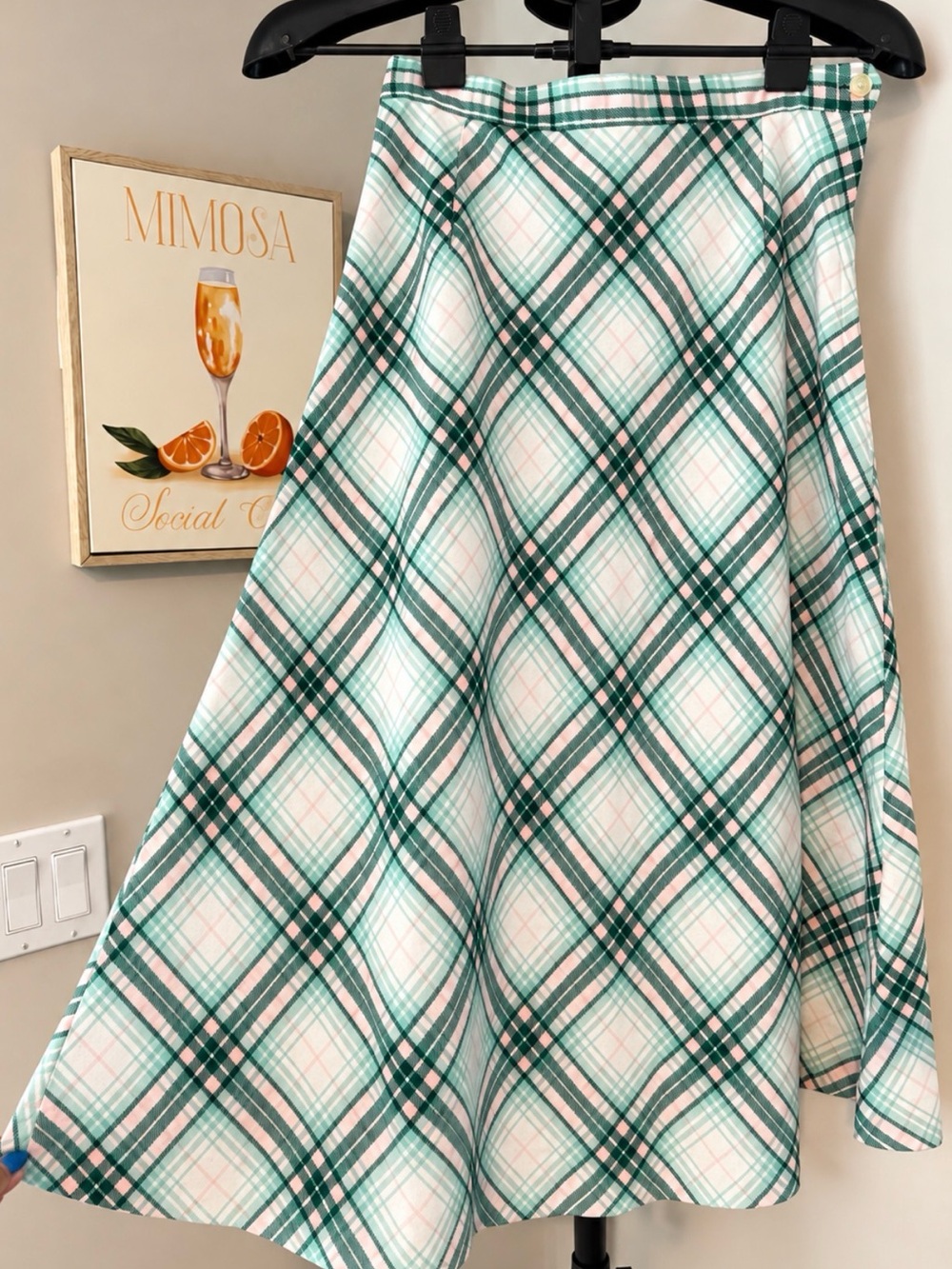 Vintage Sears J.R. Bazaar Plaid A-Line Midi Skirt Green Pink Mod Preppy 60s/70s
